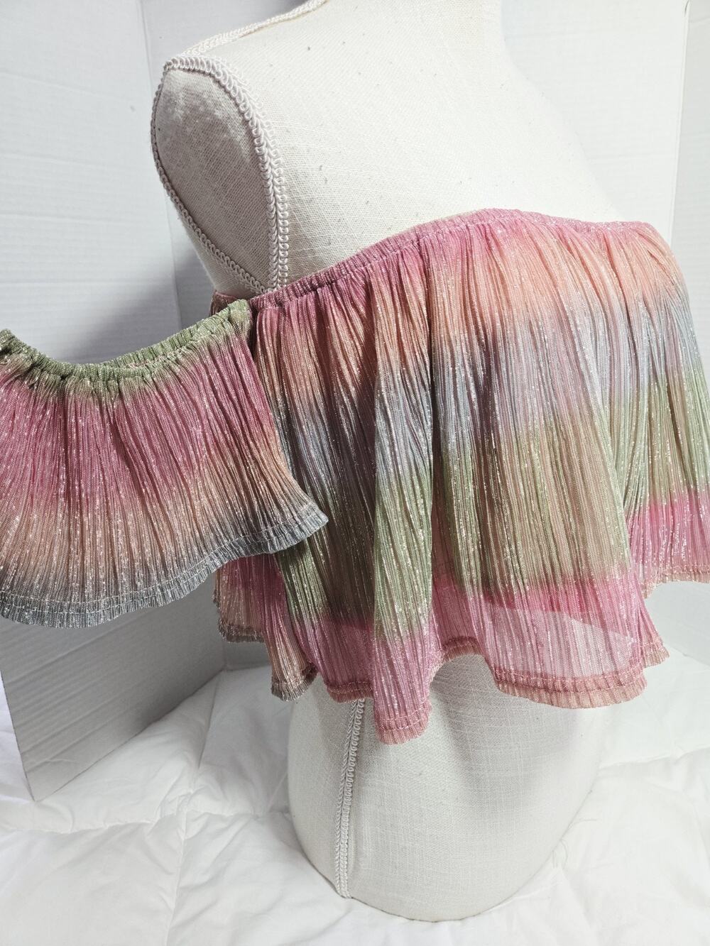 Wild Honey Off-Shoulder Ruffled Crop Top in Pink and Green
